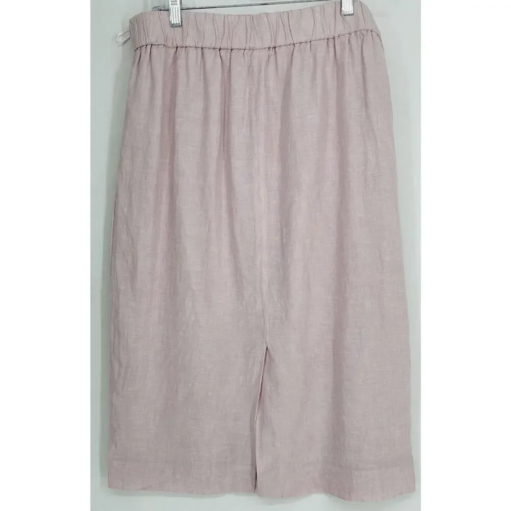 J.Crew 100% Linen Midi Skirt Pink Elastic Waist Cotton Lined Size LT